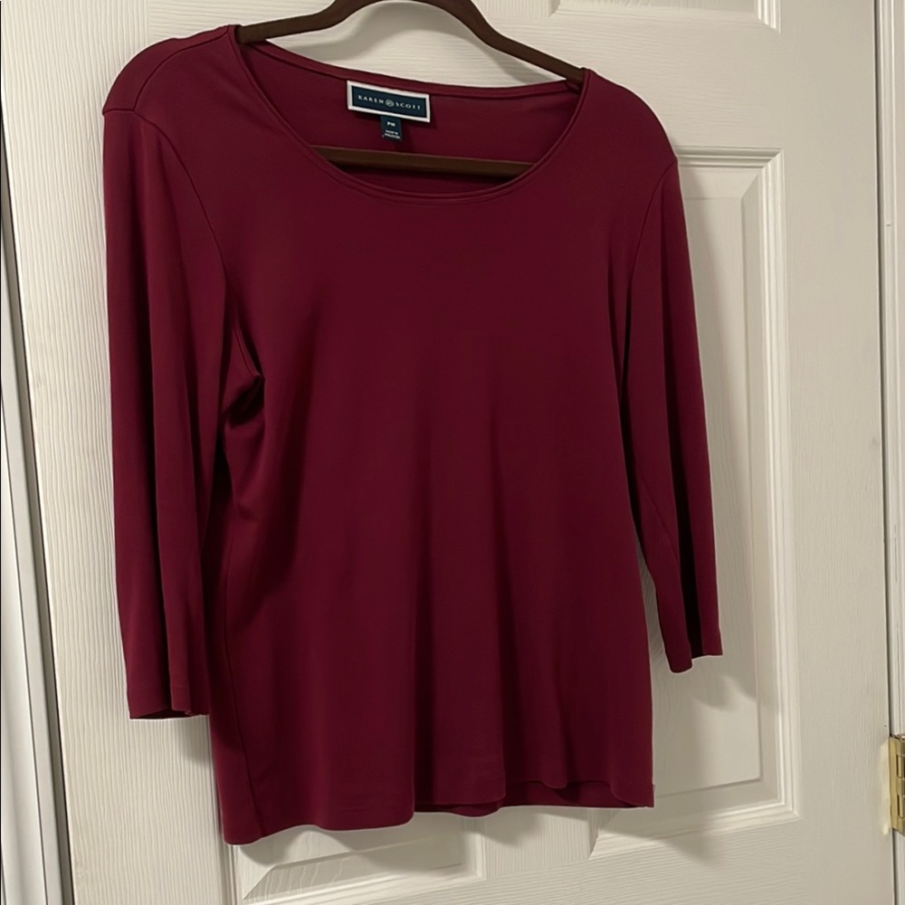 Karen Scott Burgundy Cotton 3/4 Sleeve Top, size Petite Medium